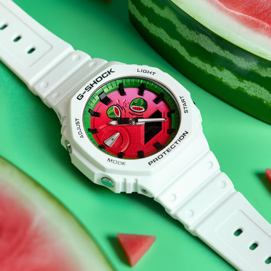 Refreshing G-Shock CasiOak Post Melone timepiece featuring a summer-inspired, hand-painted watermelon design