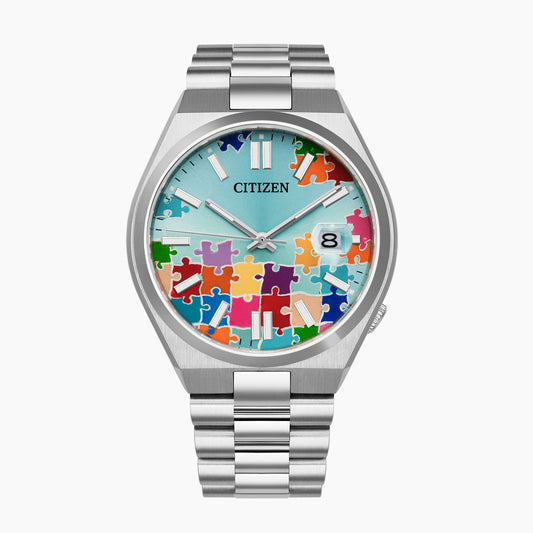 Citizen Tsuyosa 40 Puzzle – Hand-painted custom turquoise blue dial with colorful puzzle artwork, limited edition timepiece by IFL Watches