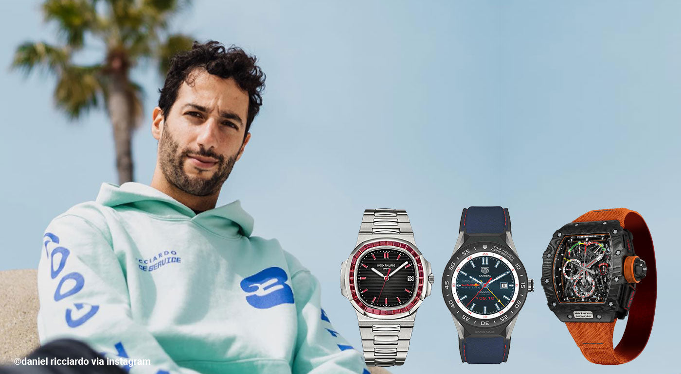 Daniel Ricciardo posing with a TAG Heuer watch as part of his brand endorsement