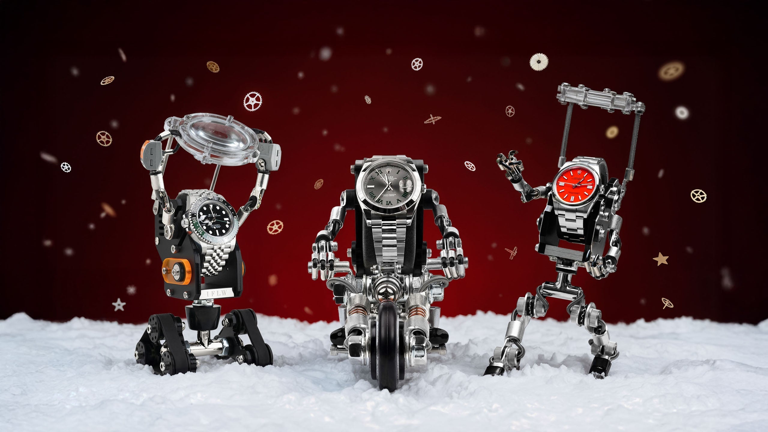 Trio of Robotoy watch stands holding Rolex watches in a festive Christmas setting, blending playful design and holiday cheer.