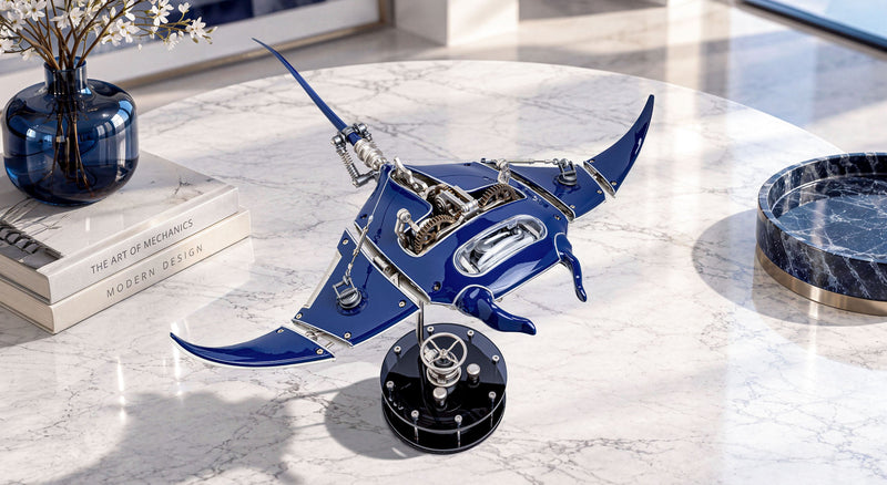 Motorised metal manta with wings spread on a marble tabletop, from the Mechanical Art collection of gear-driven sculptures by IFL Watches.