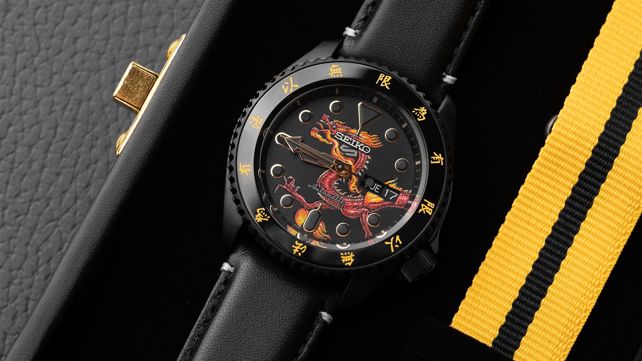 Custom Seiko 5 Sports 55th Anniversary Bruce Lee Limited Edition watch featuring hand-painted dragon design by IFL Watches, bespoke timepiece with black leather strap.