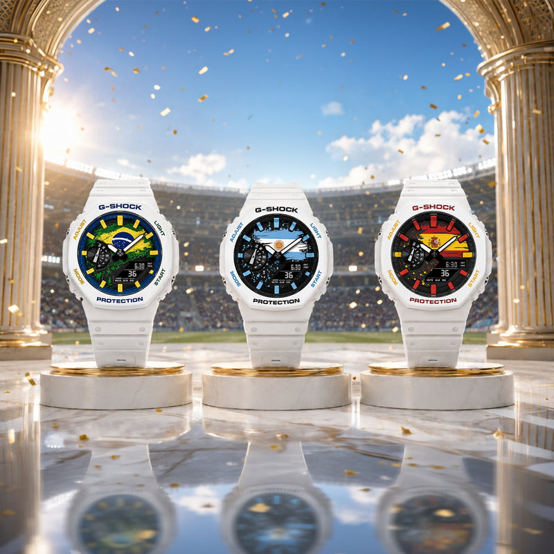 Casio G-Shock Nations Series custom flag watches on stadium podiums, by IFL Watches
