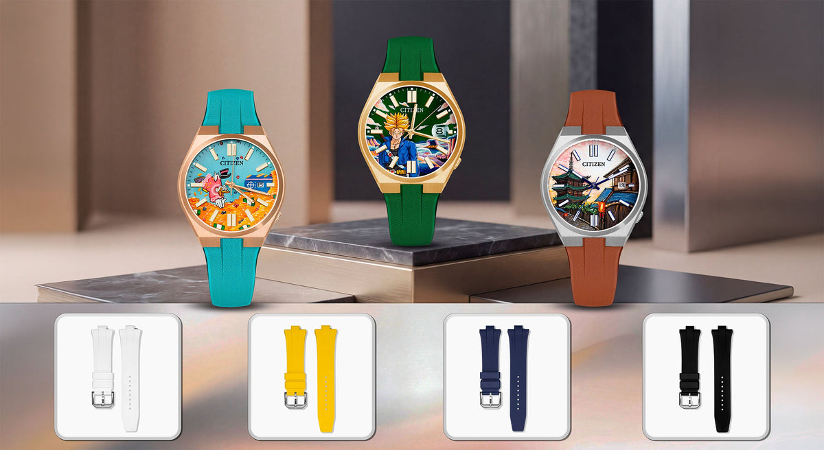 Citizen Tsuyosa straps in Tiffany, green and brown on the hand-painted Dive in Time, Future Fury Concept and Tsuyosa Kyoto Concept, with white, yellow, blue and black straps, by IFL Watches