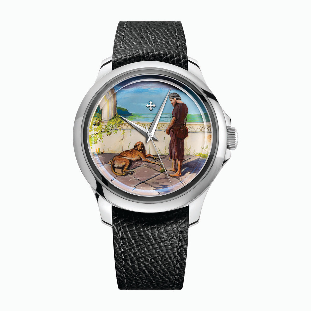 Venezianico Redentore Ulysses & Argus — Hand-painted custom dial showing a barefoot traveler in a russet tunic, head bowed toward his dog lying on the terrace flagstones, a carved balustrade and the sea beyond, set in a 40mm stainless steel case on a black leather strap, a bespoke timepiece by IFL Watches.