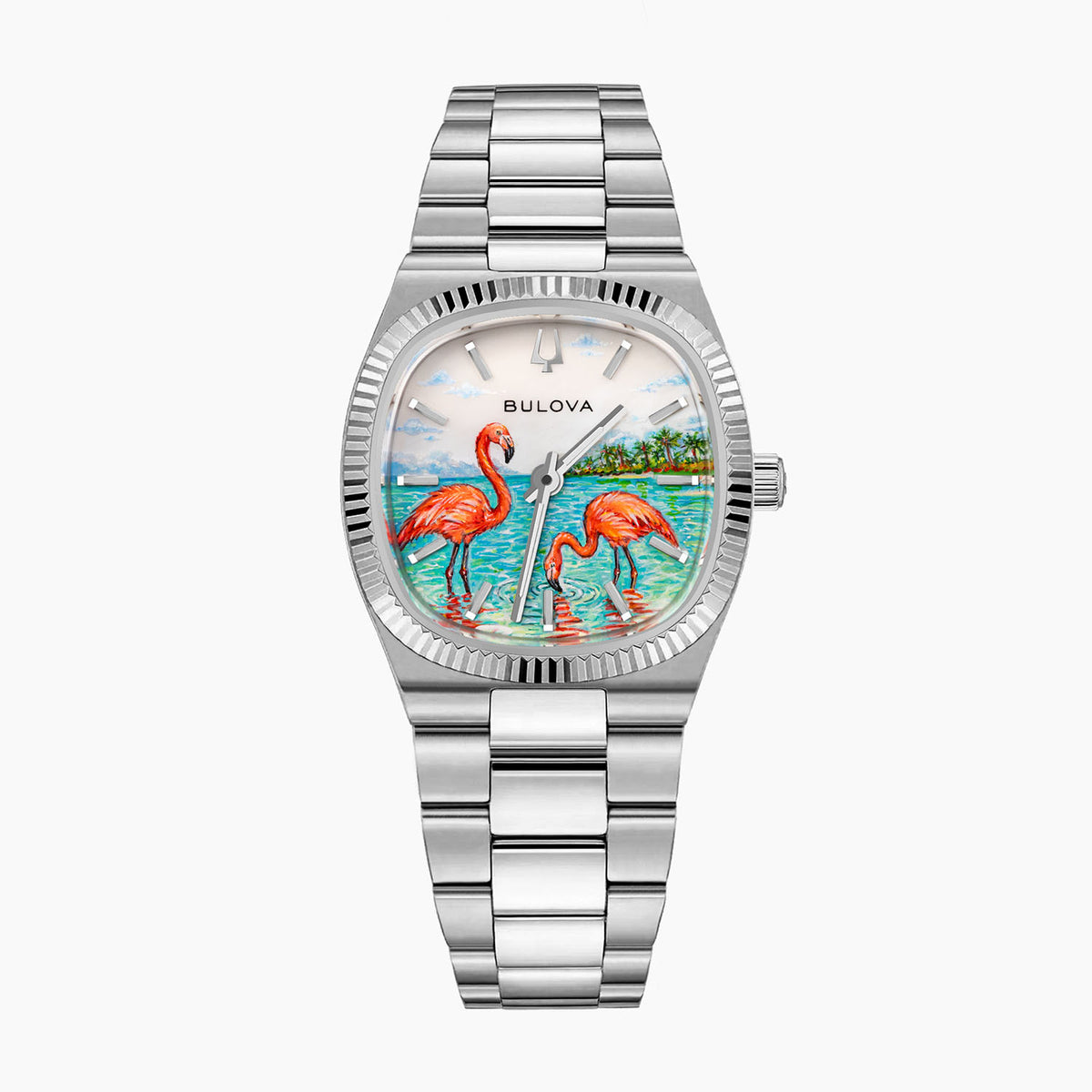 Bulova Super Seville Mini Havana — Hand-painted custom Super Seville Mini with two coral flamingos wading in turquoise water beneath a palm-lined shore and pale pearl sky, set in a 25mm stainless steel cushion case, a bespoke timepiece by IFL Watches.