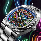 Bulova Super Seville Scream — Angled close-up of the neon-streaked dial and blue Roman-numeral chapter ring inside the coin-edge bezel, set against glowing painted swirls, limited edition timepiece by IFL Watches