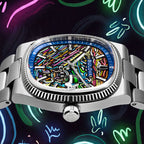 Bulova Super Seville Scream — Side view from the crown, the TV-shaped steel case and grooved bezel framing the hand-painted dial against neon brushstrokes, custom limited edition by IFL Watches