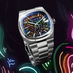 Bulova Super Seville Scream — Floating against a dark backdrop of neon strokes, the painted dial and pop culture figure above a full three-link steel bracelet, customized limited edition by IFL Watches