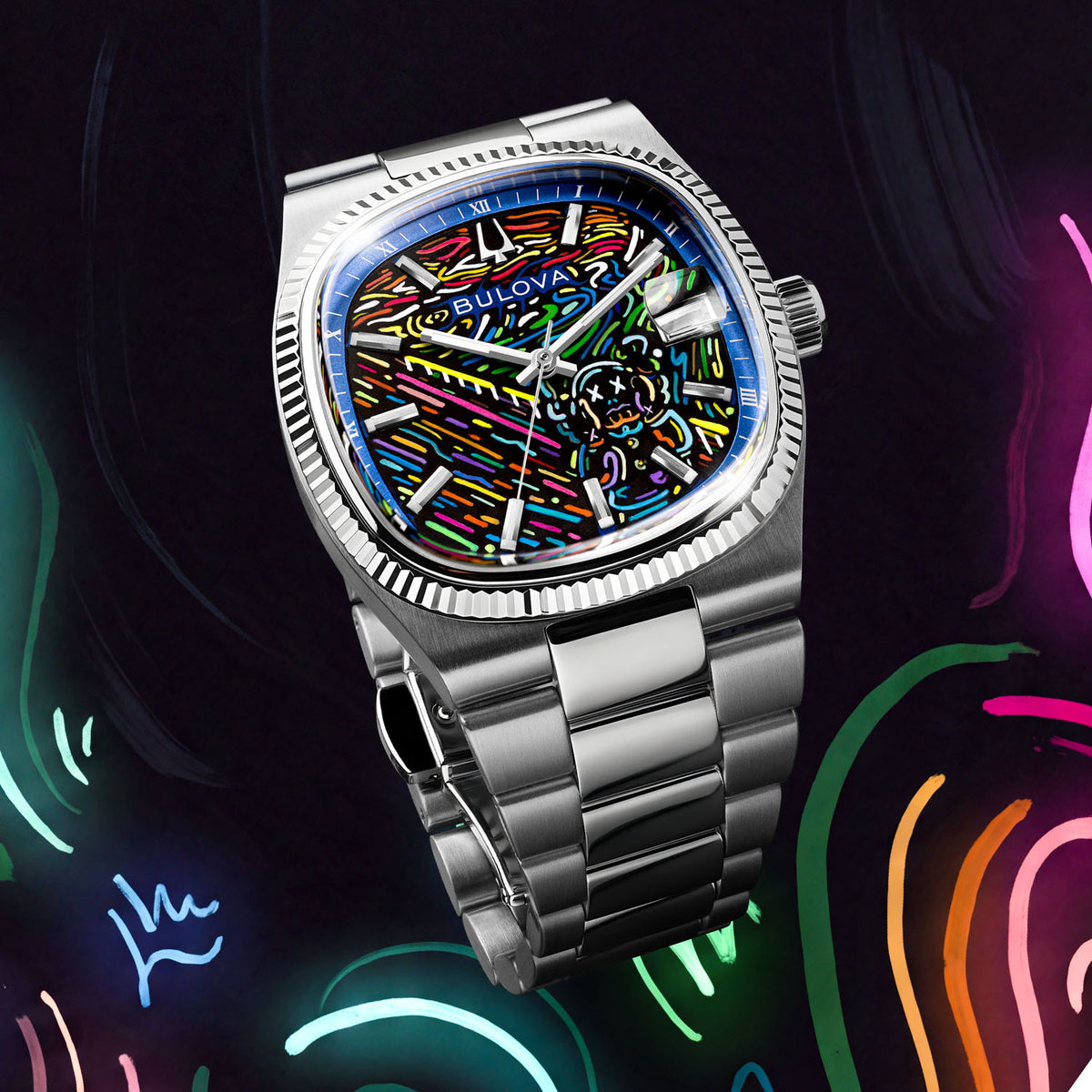Bulova Super Seville Scream — Floating against a dark backdrop of neon strokes, the painted dial and pop culture figure above a full three-link steel bracelet, customized limited edition by IFL Watches