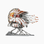 Mecha Naut Striped — side view of the banded shell on its branching stand, red drive wheels and the rear propeller left exposed beneath the body, kinetic metal sculpture by IFL Watches.
