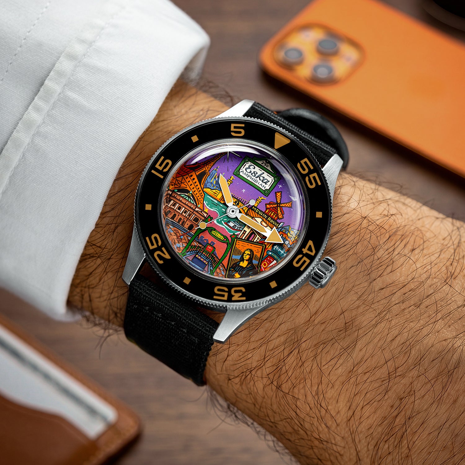 ESKA Amphibian Cœur de Paris — Worn on the wrist with a black NATO strap, the hand-painted dial catching the light, limited edition timepiece by IFL Watches.