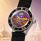 ESKA Amphibian Cœur de Paris — Close detail of the hand-painted city dial, the Eiffel Tower and Sacré-Cœur beneath a violet sky, customized limited edition by IFL Watches.