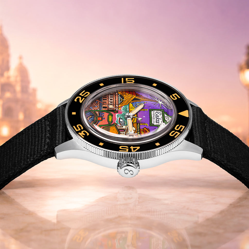 ESKA Amphibian Cœur de Paris — Side profile showing the steel case, crown and unidirectional bezel against a Parisian sunset, custom limited edition by IFL Watches.