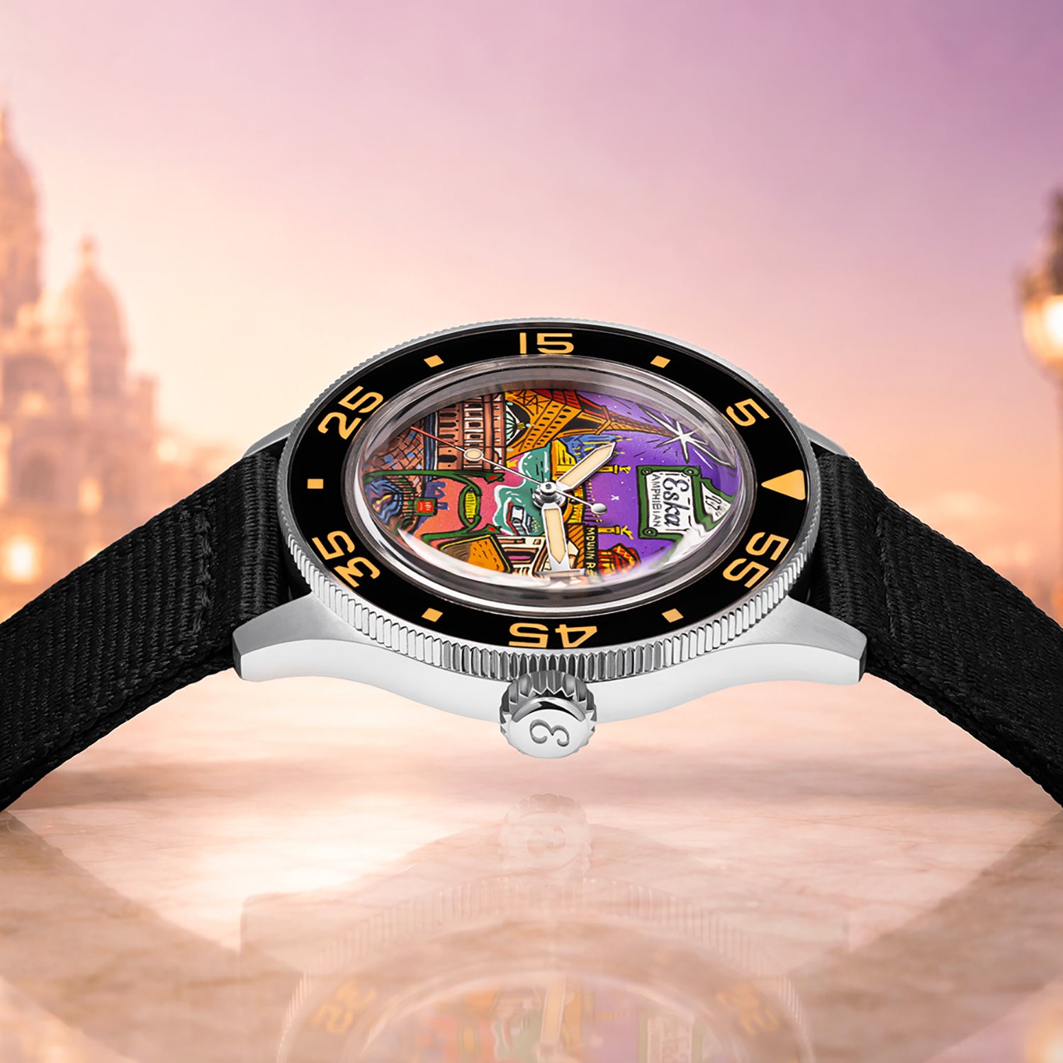 ESKA Amphibian Cœur de Paris — Side profile showing the steel case, crown and unidirectional bezel against a Parisian sunset, custom limited edition by IFL Watches.