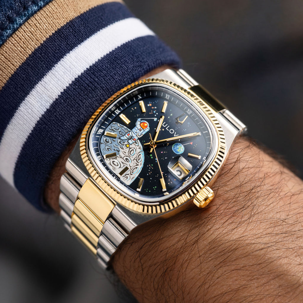Bulova Super Seville Space Golfer — Hand-painted custom Bulova Super Seville Precisionist featuring an astronaut mid-swing on the lunar surface with vivid paint splatters against a deep blue starfield, a bespoke timepiece by IFL Watches