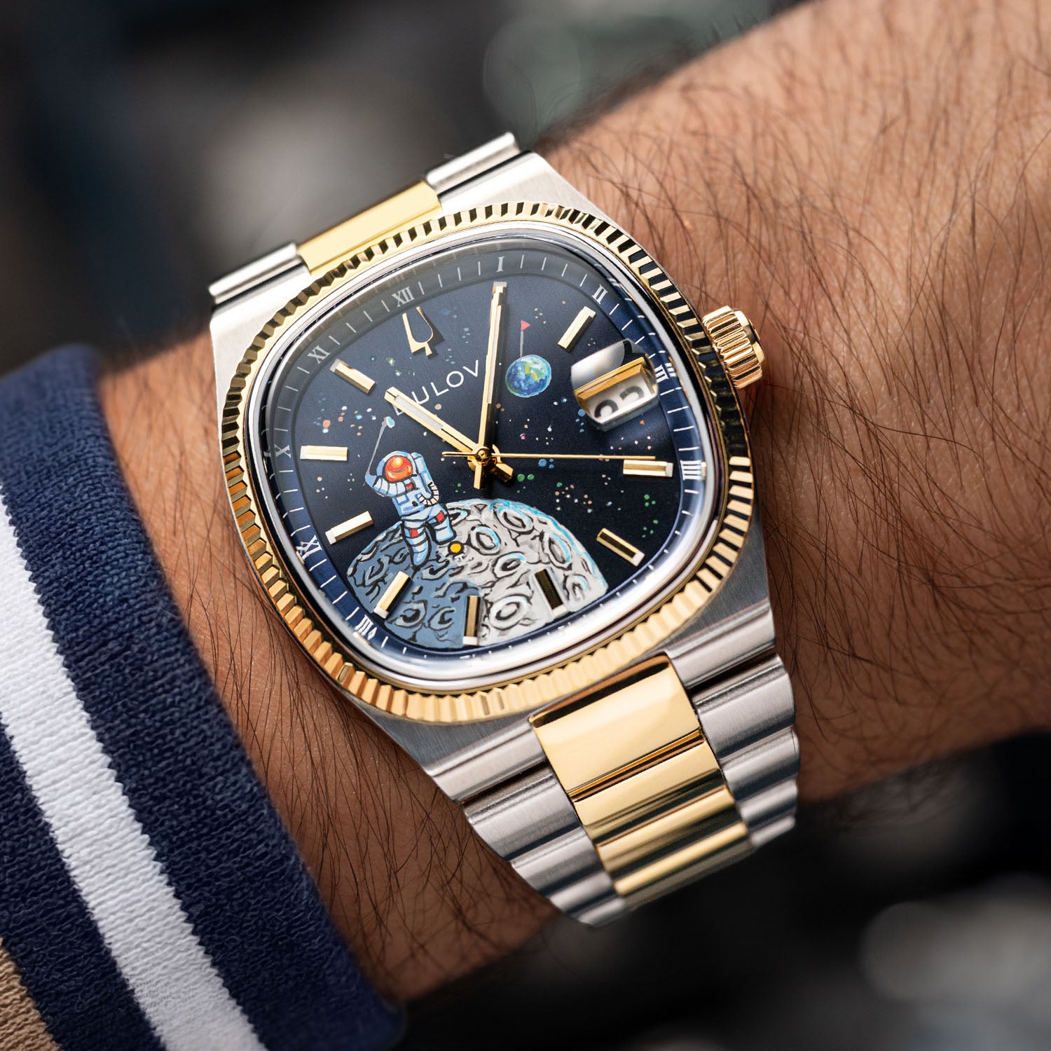 Bulova Super Seville Space Golfer — Hand-painted custom Bulova Super Seville Precisionist featuring an astronaut mid-swing on the lunar surface with vivid paint splatters against a deep blue starfield, a bespoke timepiece by IFL Watches