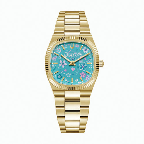 Bulova Super Seville Jardin Bleu — Hand-painted custom Super Seville Mini with pink and white flowers, hearts and stray petals scattered across a turquoise dial, framed by a 25mm gold-tone case and coin-edge bezel, a bespoke timepiece by IFL Watches.