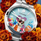 Citizen Tsuyosa Calavera Turquesa – Hand-painted custom Día de los Muertos skull and serpent on turquoise blue sunray 37mm dial, limited edition by IFL Watches