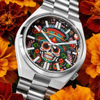 Citizen Tsuyosa Calavera Nocturna – Hand-painted custom Día de los Muertos sugar skull dial on 40mm stainless steel case, limited edition by IFL Watches