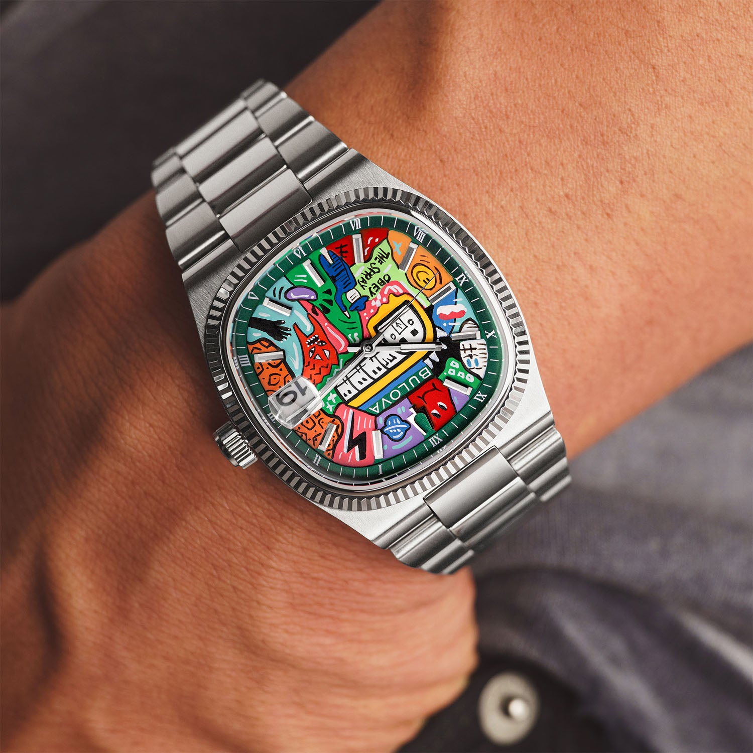 Bulova Super Seville Mural Verde – Hand-painted custom Bulova Super Seville featuring NYC street art on green dial, a bespoke timepiece by IFL Watches