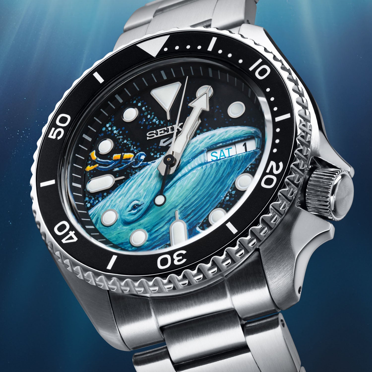 Deep Ocean Diver Concept by IFL Watches, hand-painted custom Seiko Sports 5, featuring a underwater scene with a diver and a whale, limited edition.