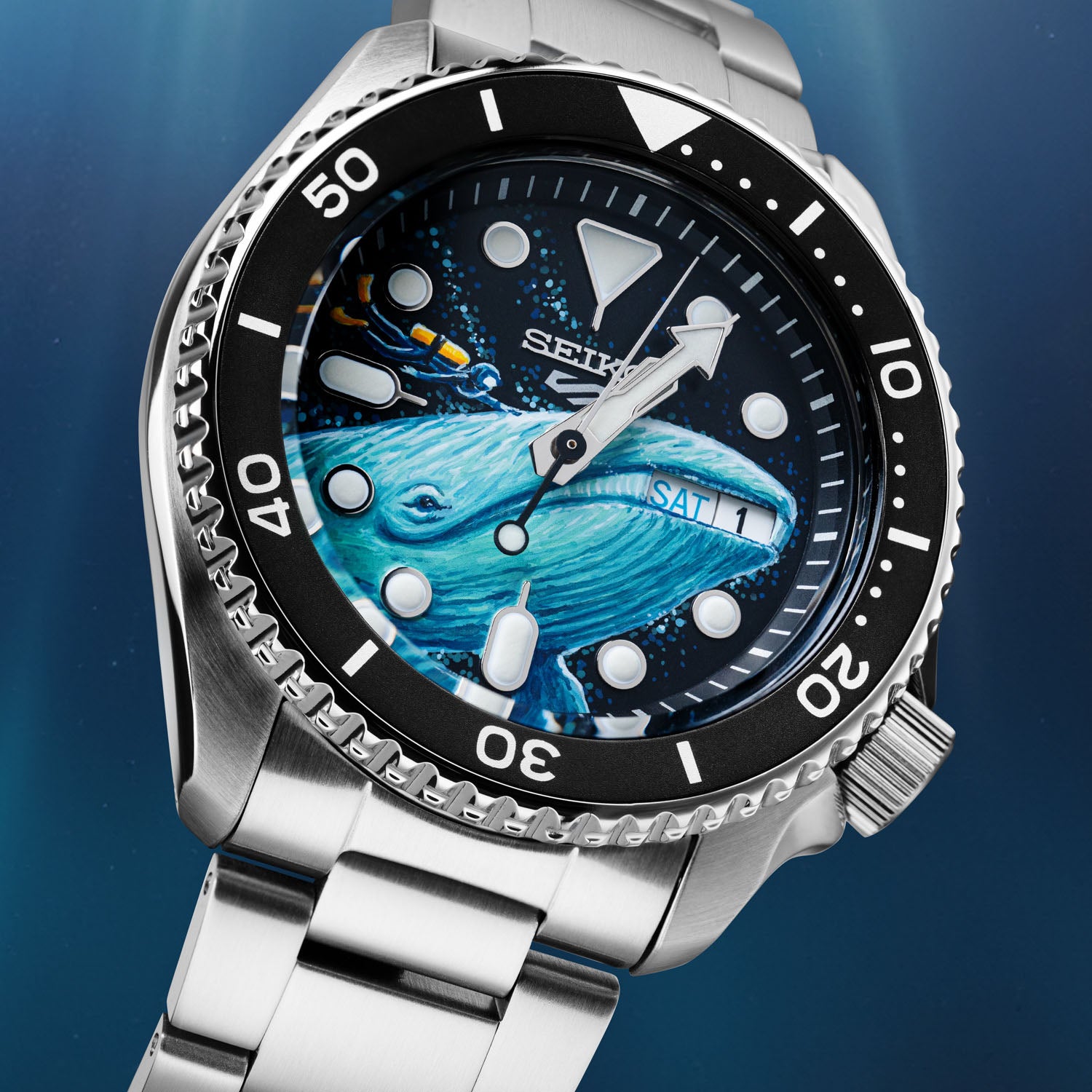 Deep Ocean Diver Concept by IFL Watches, hand-painted custom Seiko Sports 5, featuring a underwater scene with a diver and a whale, limited edition.