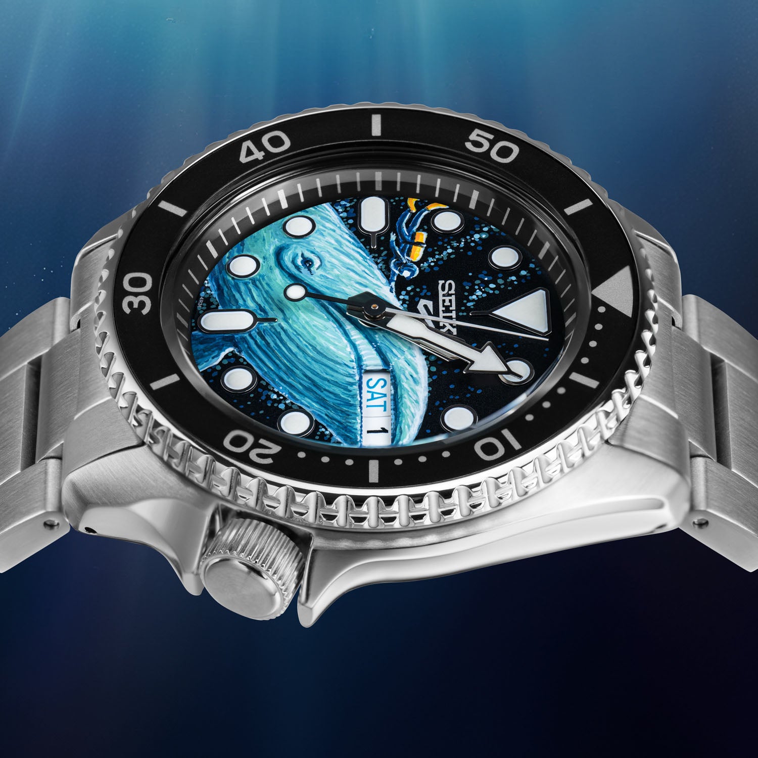 Deep Ocean Diver Concept by IFL Watches, hand-painted custom Seiko Sports 5, featuring a underwater scene with a diver and a whale, limited edition.