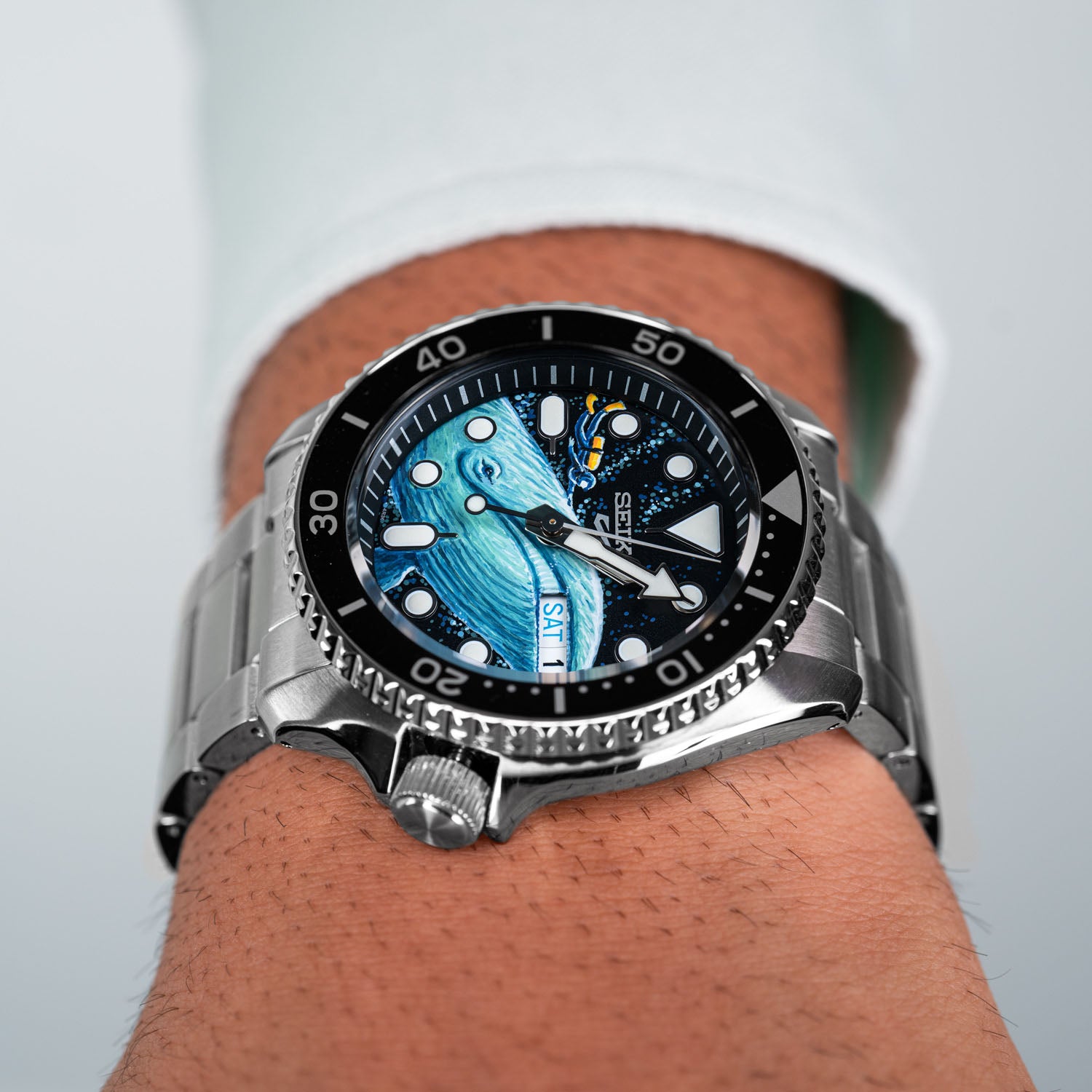 Deep Ocean Diver Concept by IFL Watches, hand-painted custom Seiko Sports 5, featuring a underwater scene with a diver and a whale, limited edition.