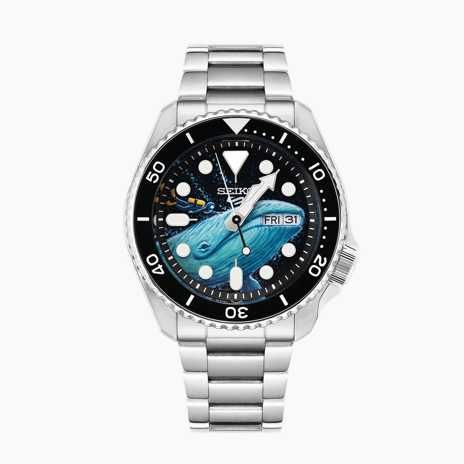 Deep Ocean Diver Concept by IFL Watches, hand-painted custom Seiko Sports 5, featuring a underwater scene with a diver and a whale, limited edition.