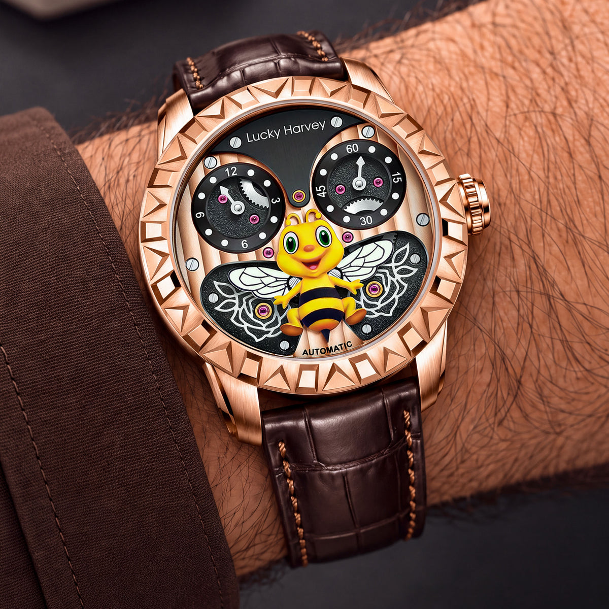 Lucky Harvey Honey Bee Rose Gold — Worn on wrist at an angle, showing the crown, available at IFL Watches.