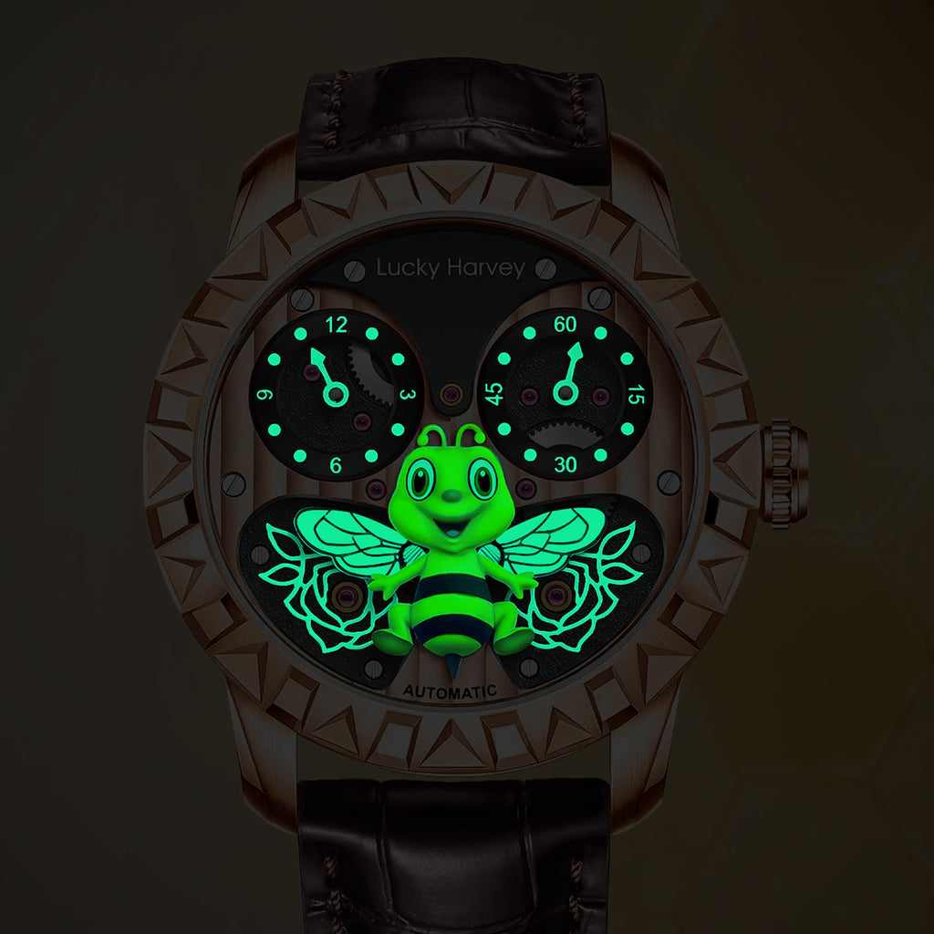 Lucky Harvey Honey Bee Rose Gold — In the dark, showing the luminous bee, flowers and markers, available at IFL Watches.
