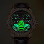 Lucky Harvey Honey Bee Rose Gold — In the dark, showing the luminous bee, flowers and markers, available at IFL Watches.