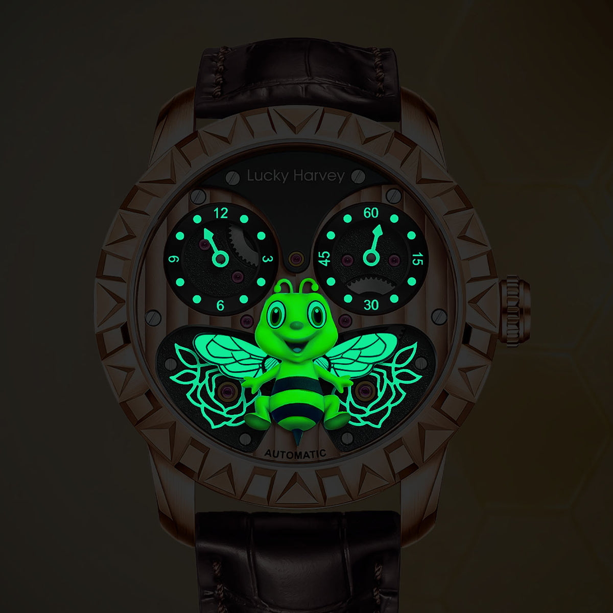 Lucky Harvey Honey Bee Rose Gold — In the dark, showing the luminous bee, flowers and markers, available at IFL Watches.