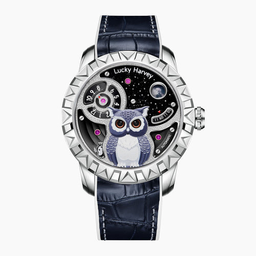 Lucky Harvey Owl Silver — Front view of the sculpted owl on a starry night-sky dial with moon, 43mm steel case with spiked bezel on navy leather strap, available at IFL Watches.