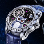 Lucky Harvey Owl Silver — Close angled view of the sculpted owl, night-sky dial and moon, available at IFL Watches.
