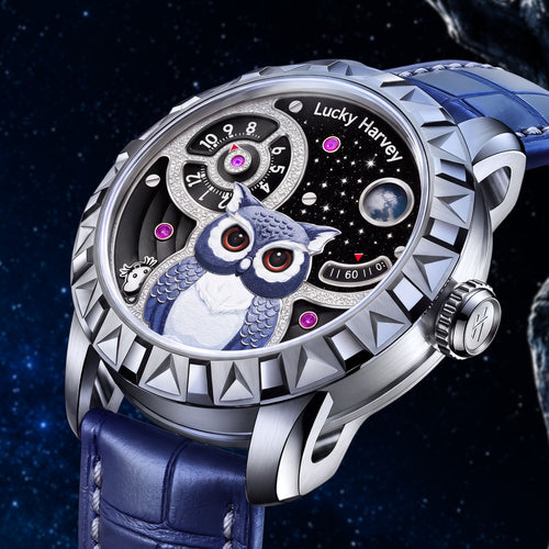 Lucky Harvey Owl Silver — Close angled view of the sculpted owl, night-sky dial and moon, available at IFL Watches.