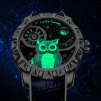 Lucky Harvey Owl Silver — In the dark, showing the luminous owl and markers, available at IFL Watches.