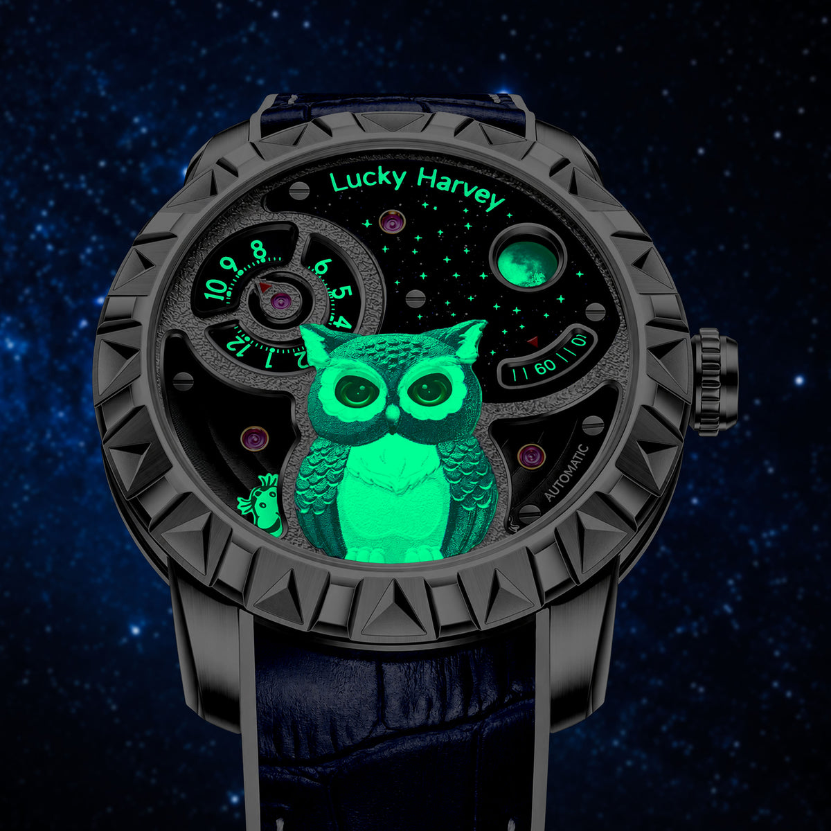 Lucky Harvey Owl Silver — In the dark, showing the luminous owl and markers, available at IFL Watches.