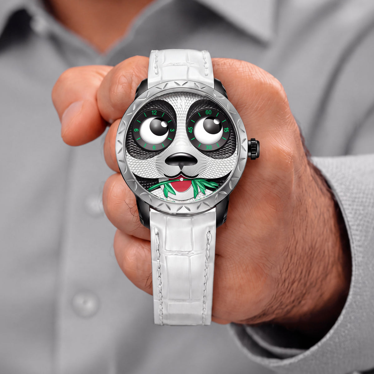 Lucky Harvey Panda White — Held in hand, showing the panda face, available at IFL Watches.
