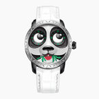 Lucky Harvey Panda White — Front view of the panda face with bamboo in its mouth, its eyes showing the hours and minutes, 40mm steel case on white leather strap, available at IFL Watches.