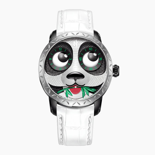 Lucky Harvey Panda White — Front view of the panda face with bamboo in its mouth, its eyes showing the hours and minutes, 40mm steel case on white leather strap, available at IFL Watches.