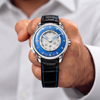 Lucky Harvey Sic Bo Blue — Held in hand, showing the dice dial, available at IFL Watches.
