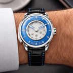 Lucky Harvey Sic Bo Blue — Worn on wrist, front view of the blue dial, available at IFL Watches.