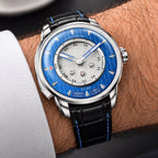 Lucky Harvey Sic Bo Blue — Worn on wrist at an angle, showing the dice button, available at IFL Watches.
