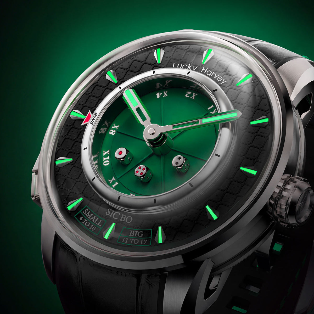 Lucky Harvey Sic Bo Green — In the dark, showing the luminous hands and hour markers, available at IFL Watches.