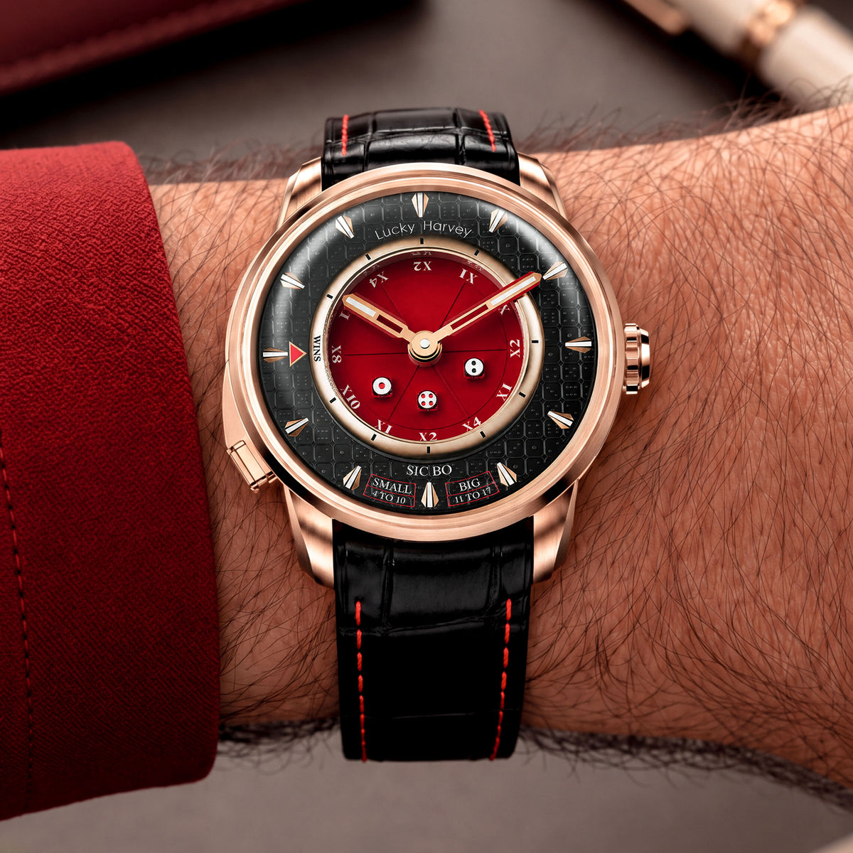 Lucky Harvey Sic Bo Red — Worn on wrist, front view of the red dial, available at IFL Watches.
