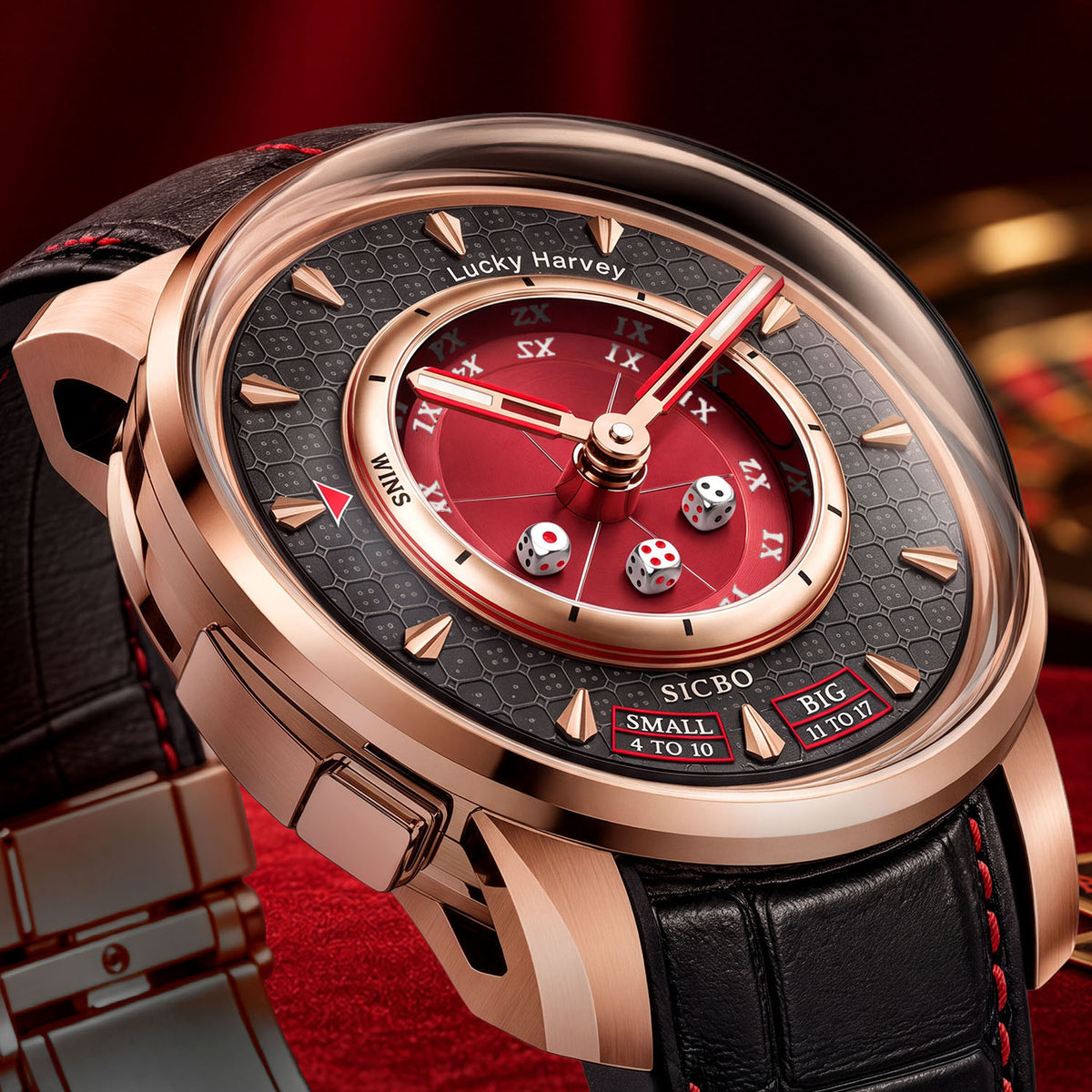 Lucky Harvey Sic Bo Red — Close angled view of the dice cup, embossed dial and dice button on the left flank, available at IFL Watches.