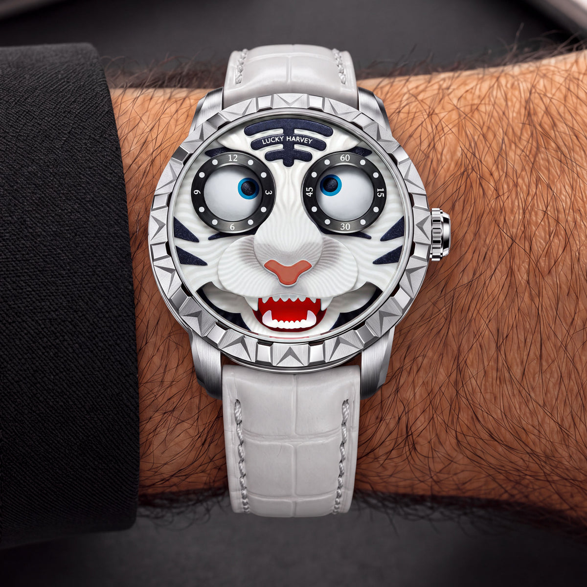 Lucky Harvey Tiger White — Worn on wrist, front view of the white tiger face, available at IFL Watches.