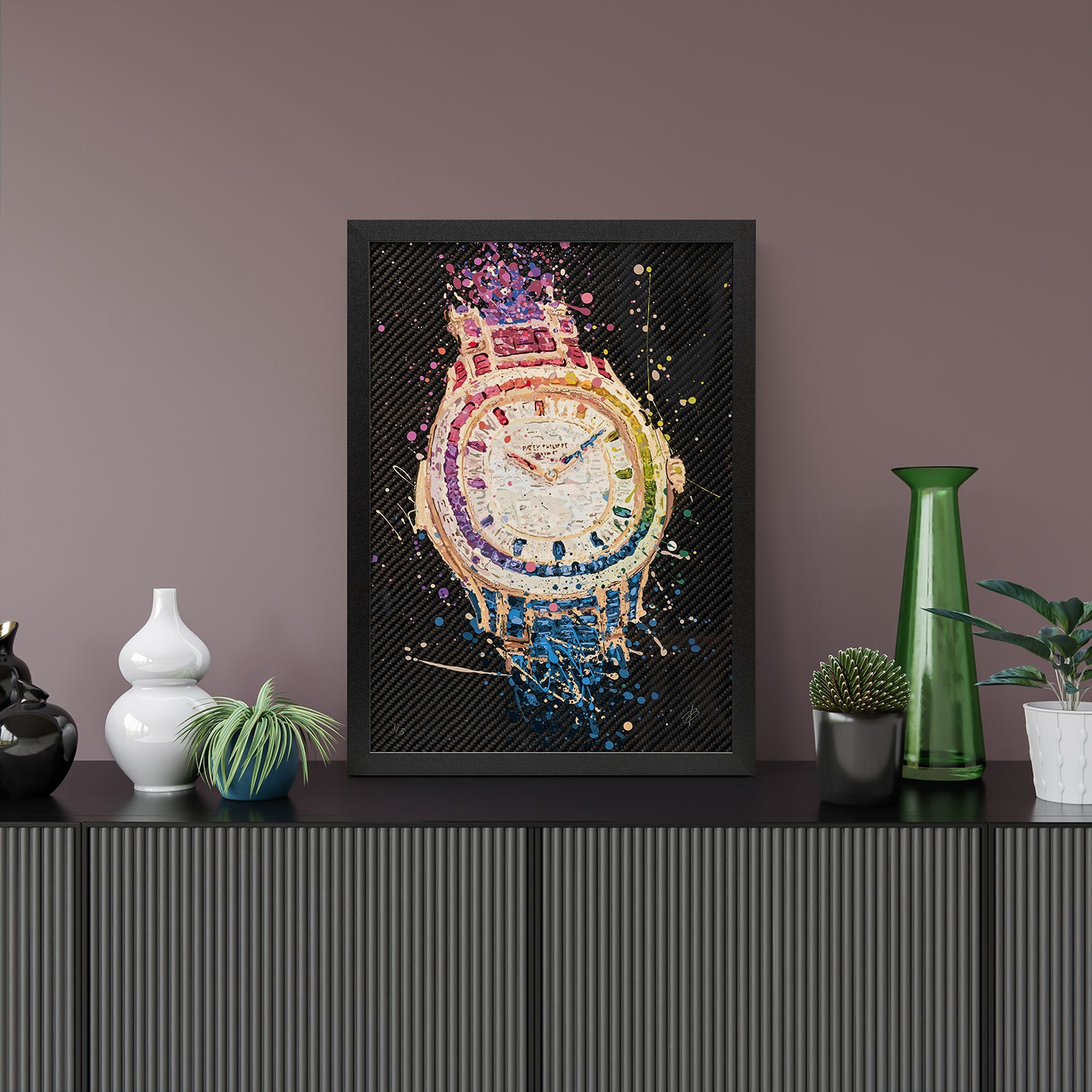 Patek Philippe Baguette Rainbow – A hand-painted carbon fibre wall art by artist Katy Barnfield.